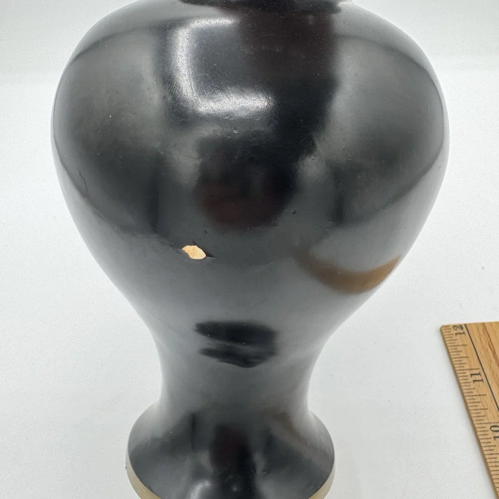 Vintage Korean Black Lacquered Brass Vase Mother of Pearl Inlaid Floral